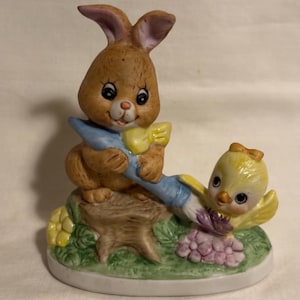 Vintage Kitsch Russ Berrie Easter Bunny & Chick w/ Paintbrush Figurine