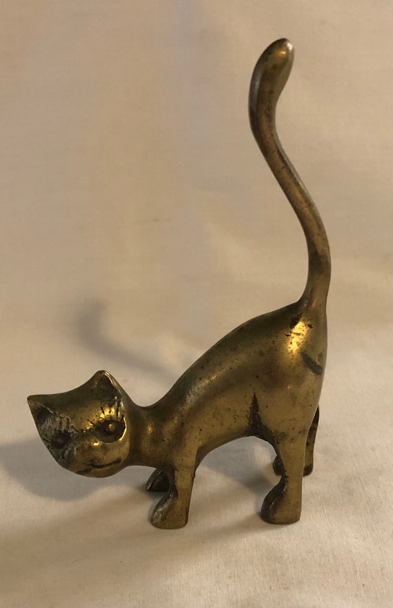 Vintage Retro Brass Cat w/ Long Tail Ring Holder