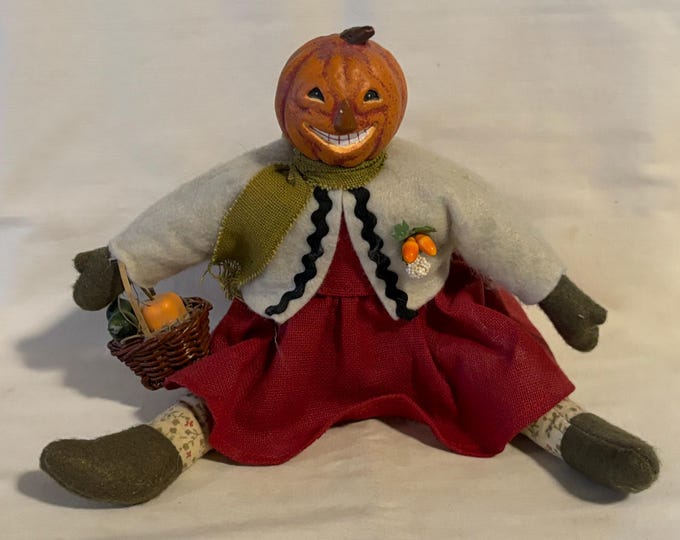 Vintage Folk Art Halloween Jack O Lantern Scarecrow Doll W/ Basket ...
