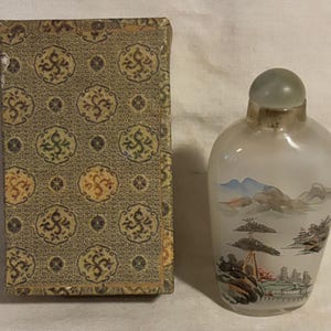 Antique Asian Landscape Scene Reverse Painted Glass Snuff Bottle w/ Original Box