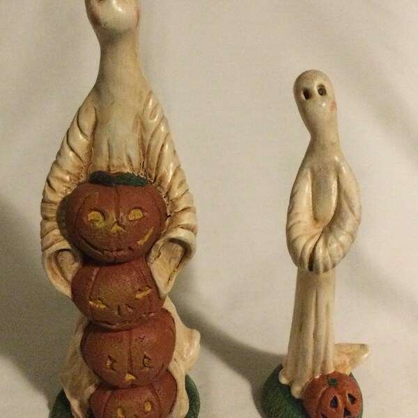 2 Vintage Halloween Folk Art Ghosts with Jack O Lanterns Figurines