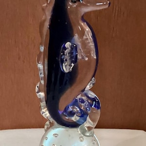 Vintage Blue and Clear Art Glass Figural Sea Horse Paperweight