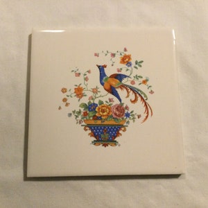Vintage Colorful Pheasant with Flower Basket Tile