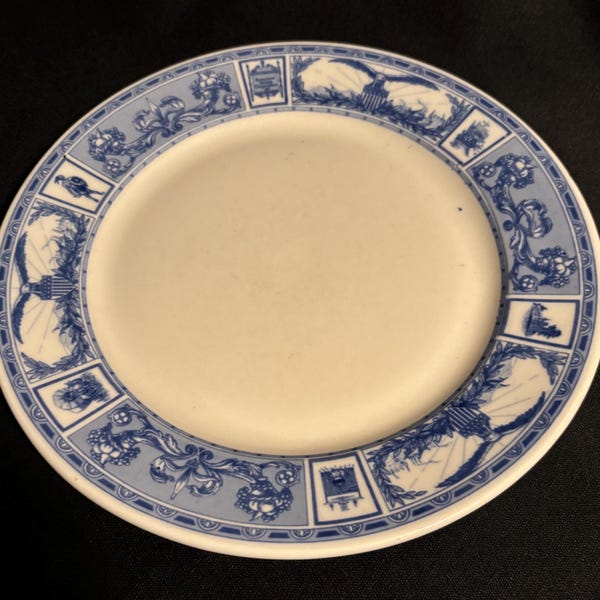 Antique Lamberton Scammell American Hotels Corp NY Blue & White Americana Themed Pattern Restaurant Dinnerware Plate