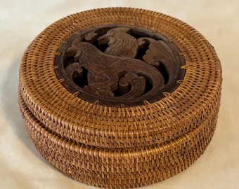 Vintage Lombok Woven Rattan Round Box w/ Roosters