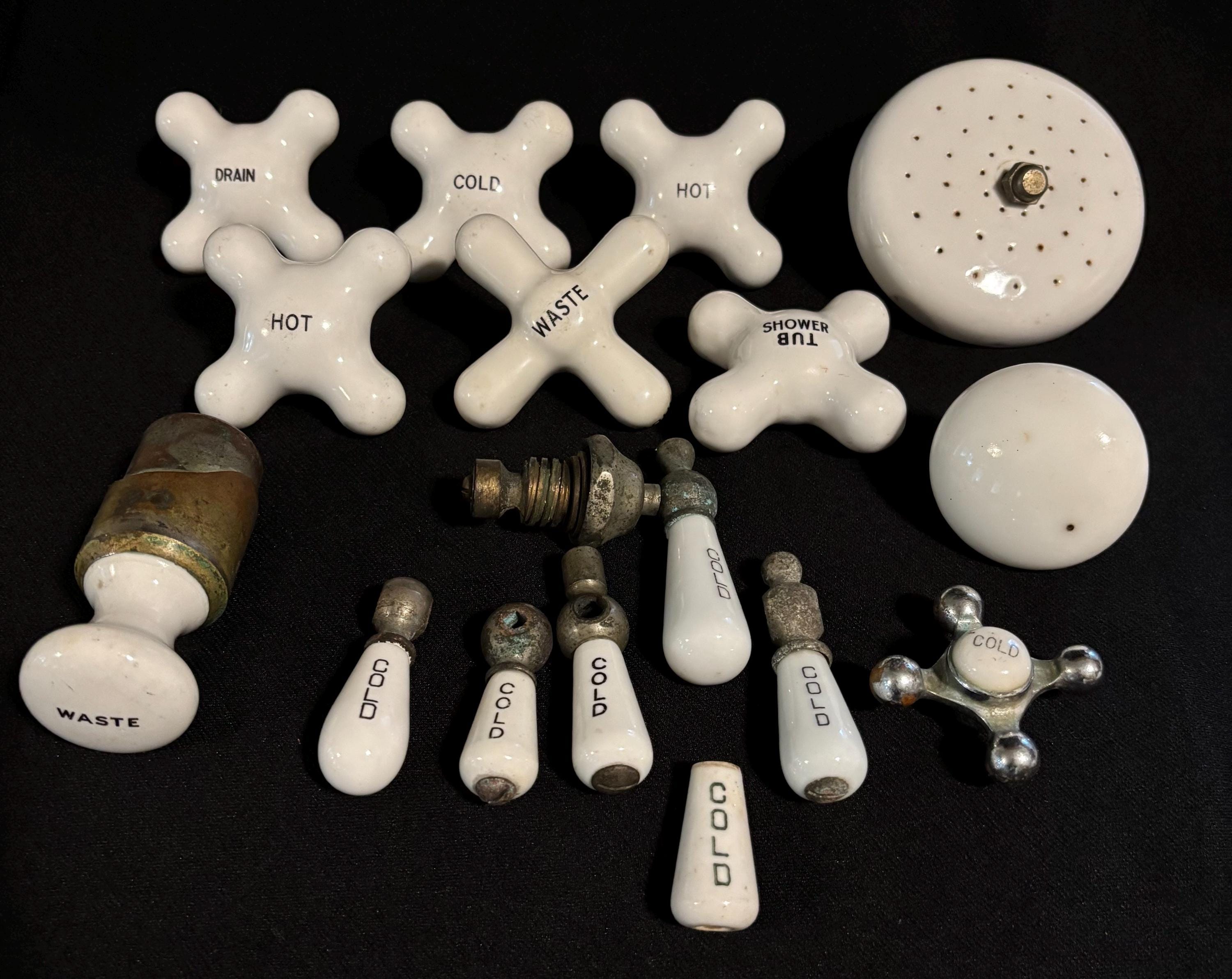 26p Antique White Porcelain Faucet Handles & Tub Shower