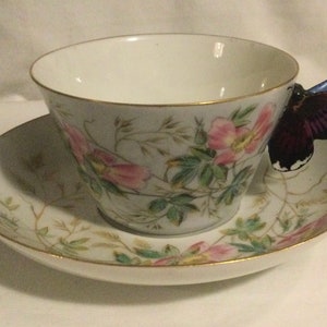 Antique Large H & Co Limoges Butterfly Handled Tea or Coffee Cup and Saucer Wild Rose Pattern