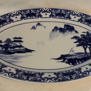 Vintage Blue & White Canton Blue Pattern Asian Landscape Scene Serving Platter
