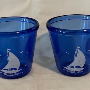 2 Art Deco Hazel Atlas Blue Glass Sailboat Pattern Ice Buckets