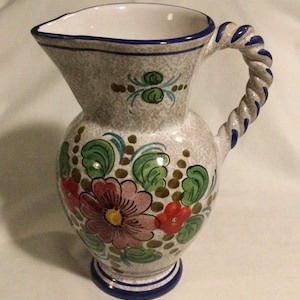 Vintage Hand Painted Floral Deruta Italian Art Pottery Pitcher w/ Rope Handle