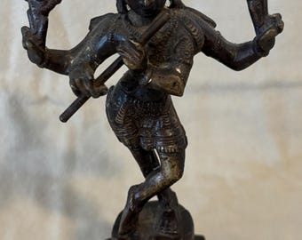 Antique Bronze Lord Krishna Venugopal Form Dancing w/ Flute Figurine