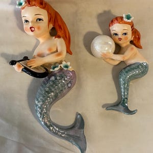 2 Vintage Kitsch Lefton Japan Mermaid Wall Plaques