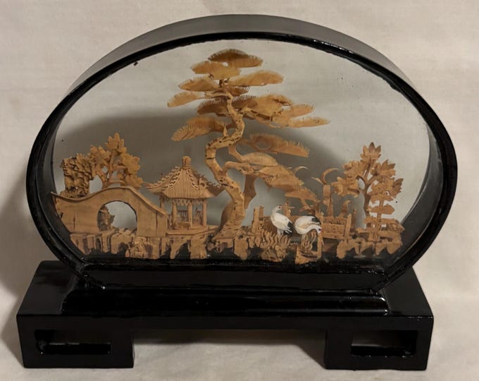 Vintage Rong Pagoda Ruanmu Hua Chinese Cork Carving Landscape Diorama ...
