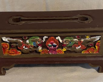 Vintage Dragon Design Tibetan Hand Carved Wooden Incense Burner Stick Holder Box w/ Drawer