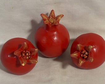 3 Vintage Wooden Ponegranate Artificial Fruits