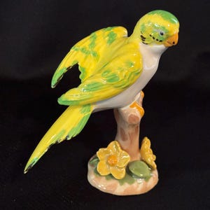 Vintage JMS Ceramics Paterson NJ Yellow Green Parakeet Bird Figurine
