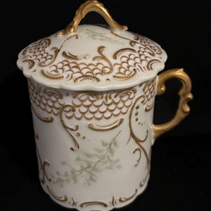Antique Weimar Germany Gold Fish Scale & Hand Painted Leaf Pattern Condensed Milk Container w/ Lid