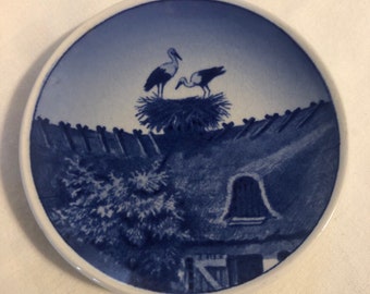 Vintage Royal Copenhagen Miniature Blue and White Storkerede Storks by Nest on Roof Plate