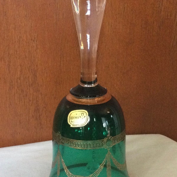 Vintage Bohemian Glass Green And Clear Glass w/Gold Tassel Drapery Pattern Bell