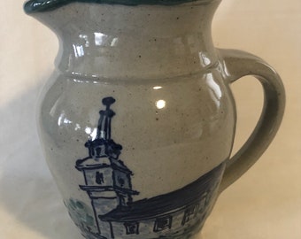 Great Bay Pottery Hand Painted Church Scene Stoneware Pitcher