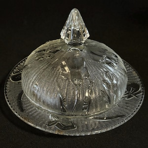 Vintage Jeanette Glass Iris and Herringbone Pattern Round Lidded Butter Dish