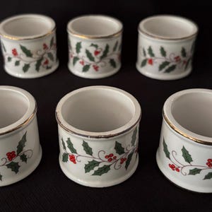 6 Vintage Ceramic Christmas Holly Pattern Napkin Rings