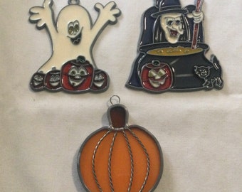 3 Vintage Halloween Sun Catchers Pumpkin, Witch, Ghost