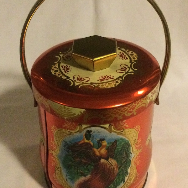 Vintage Murray Allen Red Cockade Tropical Bird Handled Candy Tin