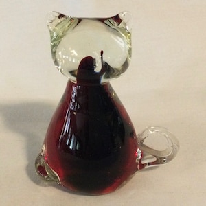 Vintage Figural Red & Blue Art Glass Cat Paperweight
