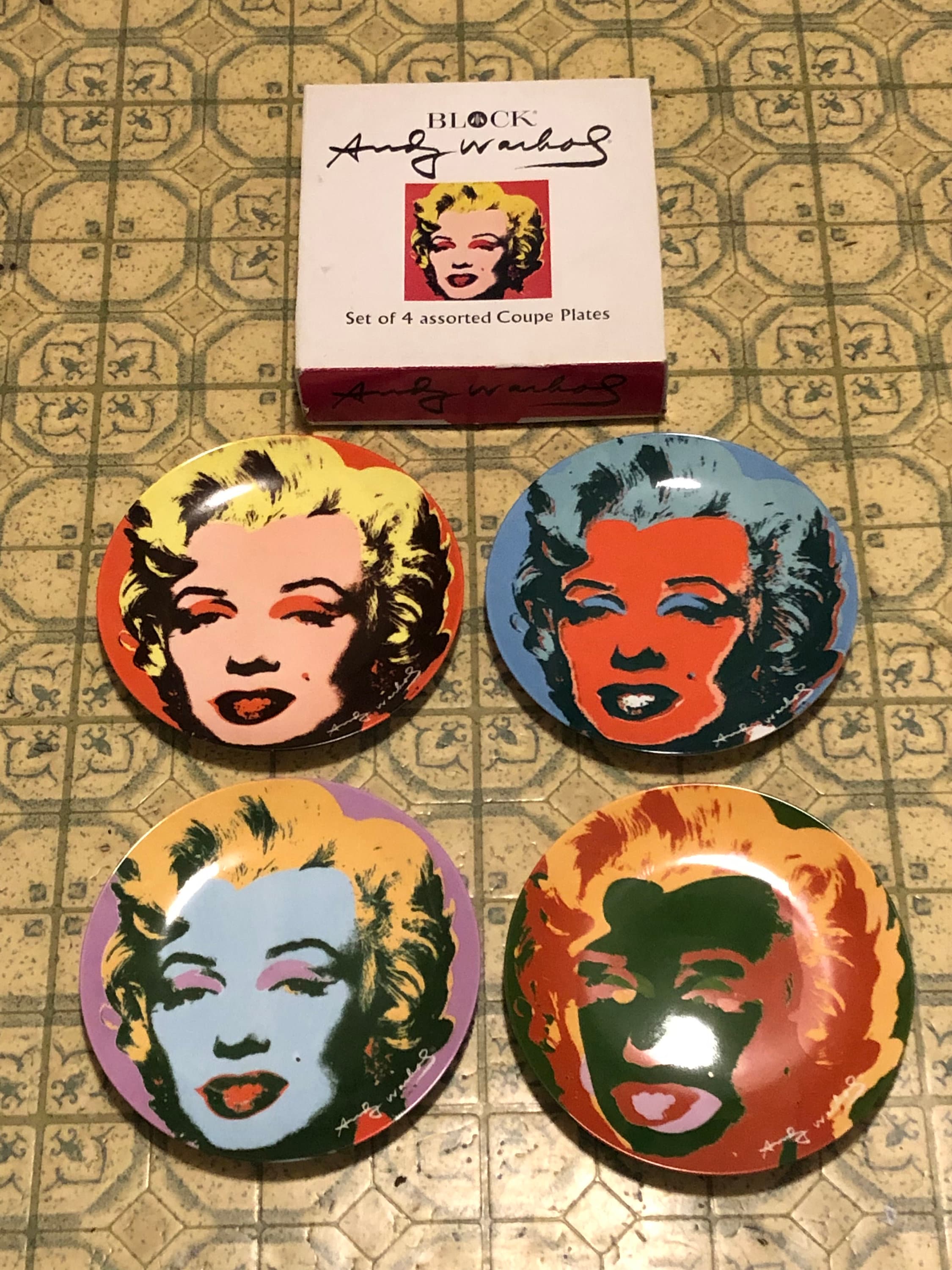 4 Block Andy Warhol Marilyn Monroe Coupe Plates W/ Original Box