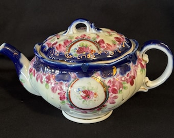 Antique Unusual Hand Painted Blue Floral Nippon Teapot w/ Strainer