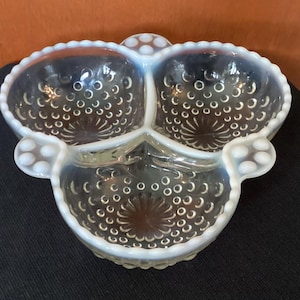 Vintage Fenton Glass Moonstone Opalescent Hobnail Pattern Three Section Dish