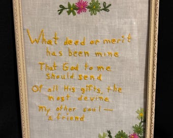 Antique Framed Freehand Floral Sentiment Crewel   What Deed or Merit has been Mine …