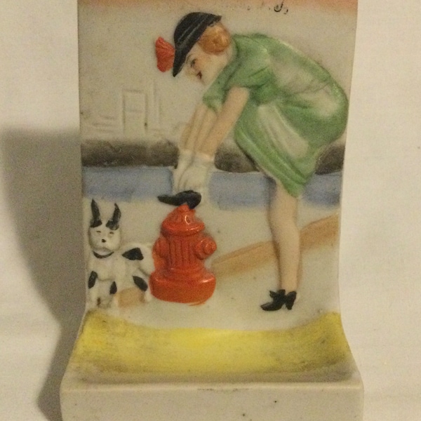 Art Deco Risqué Bisque Porcelain Woman Foot Up onFire Hydrant w/ Dog Lipstick Holder?