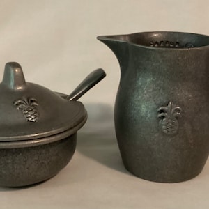 Vintage Carson Pewter Pineapple Sugar Bowl with Spoon and Creamer Set