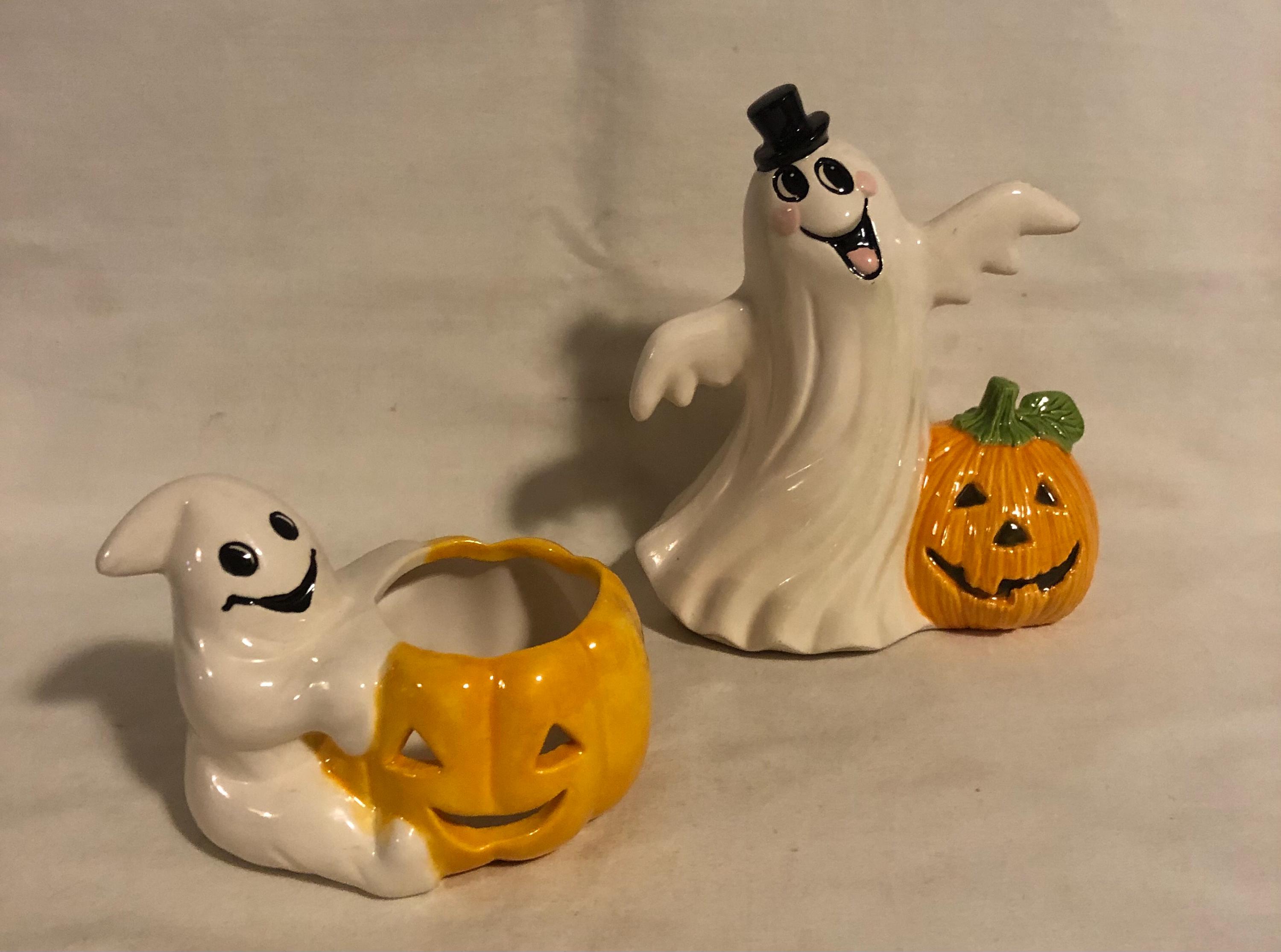 2 Vintage Halloween Ceramic Arts Project Ghosts W/ Jack O Lanterns - Etsy
