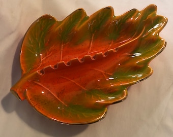 Vintage Funky Retro Orange/Green California Pottery Autumn Leaf Ashtray