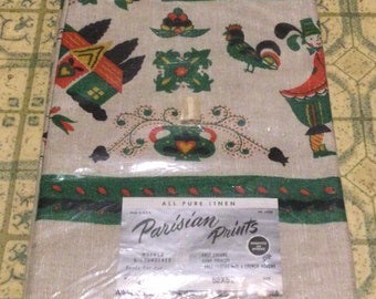 Vintage Folk Art Parisian Prints Linen Tablecloth in Orig Packaging 52X52