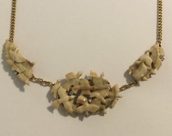 Vintage Artisan Gold w/Triple Carved Antler Bird Flocks w/Diamonds Necklace