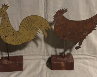 2 Vintage Artisan Sgnd Folk Art Metal/Wood Chicken & Rooster Weathervane Sculptures
