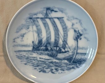 1977 Bing & Grondahl Blue and White Porcelain Viking Ship Plate