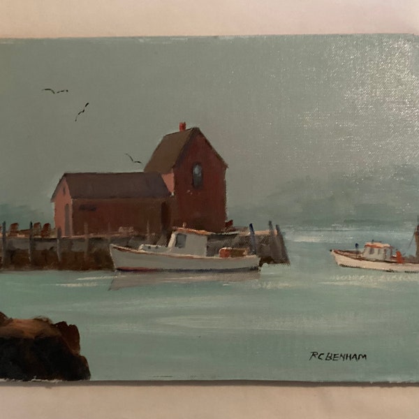 Vintage Robert C. Benham Waterside Dock Scene Oil On Board Painting ( Not Framed )