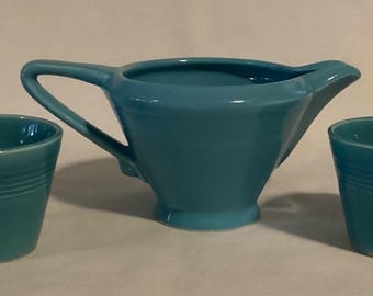 Vintage HLC Harlequin Turquoise Creamer and Two Teacups Set