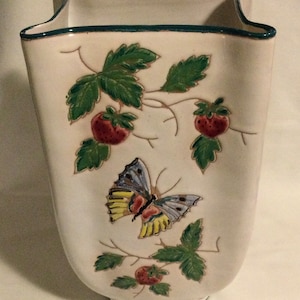 Vintage Large Italian Art Pottery Vase w/ Strawberries & Butterflies