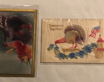 2 Antique Printed in Germany Colorful Embossed Thanksgiving Day Postcards