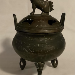 Vintage Bronze Foo Dog Lidded Three Footed Incense Burner