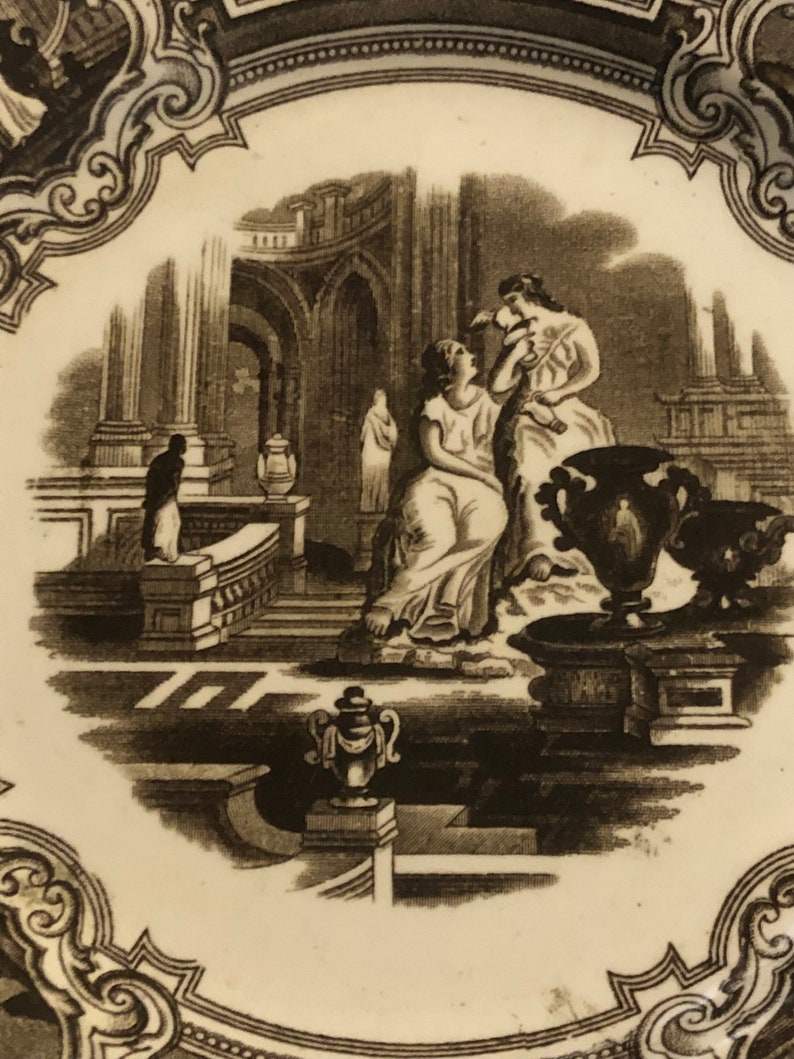 19th Century Brown Transfer Ware Staffordshire Classical Scene Plate image 2