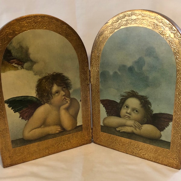 Vintage Italian Florentine Gold Gilt Diptych of Ralphael Angels