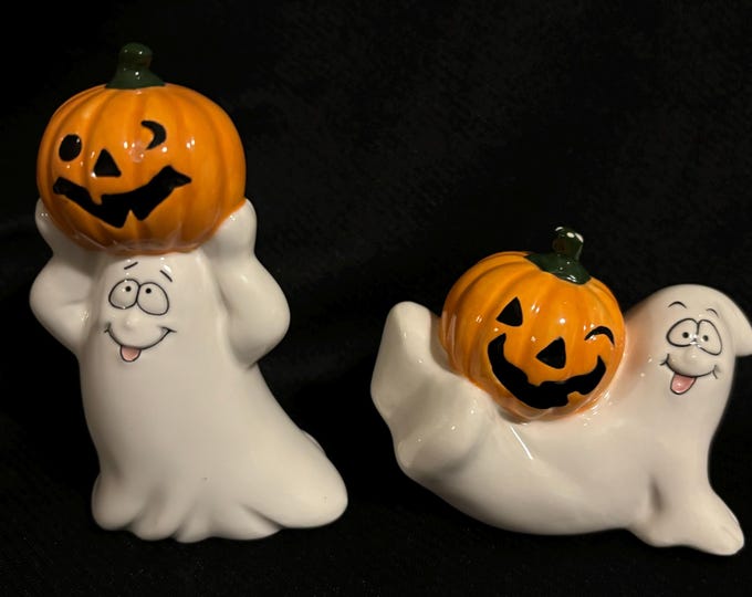 2 Vintage Halloween Ceramic Ghosts W/ Jack O Lantern Figurines - Etsy