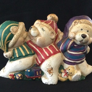 Vintage Painted Cast Iron Three Winter Bears Doorstop